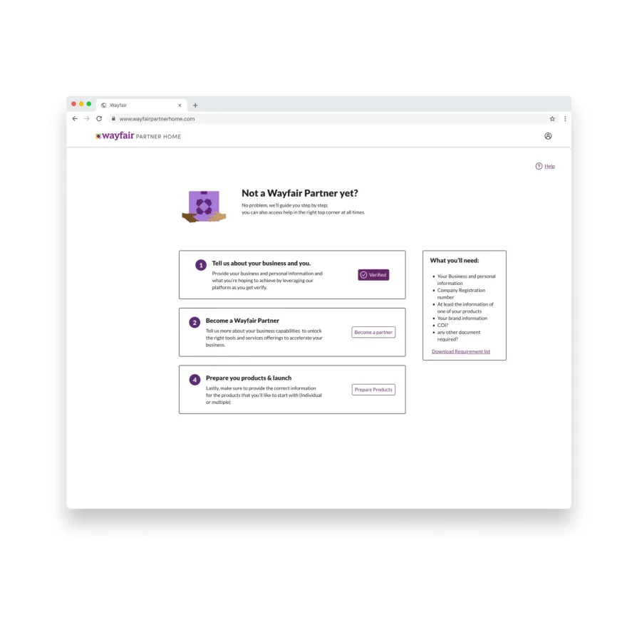 Concept: Not a Wayfair partner yet, with three onboarding steps