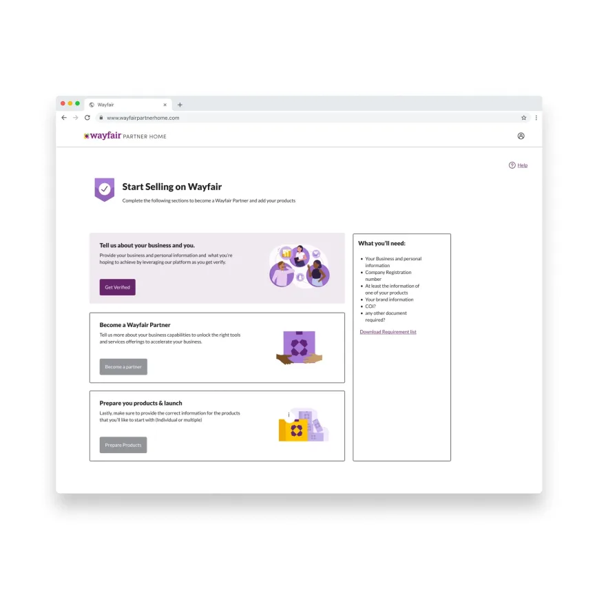 Concept: Start selling on Wayfair with verification steps
