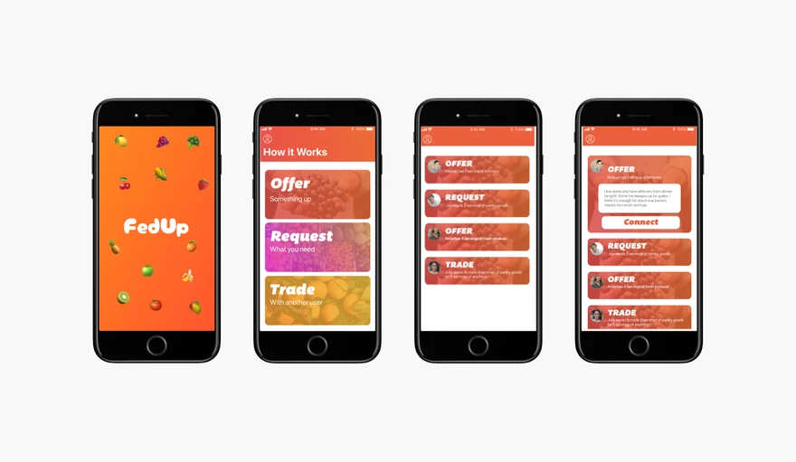 Four FedUp screens: splash, How it Works, a feed of offers, requests and trades, and an expanded offer with a Connect button.