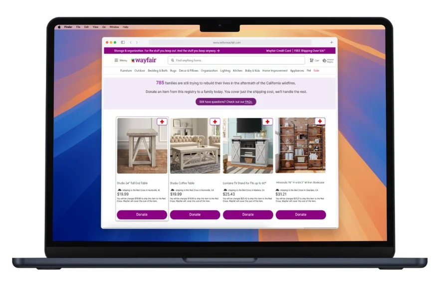 Furnish a Future concept on Wayfair: 785 families still rebuilding after the California wildfires, with furniture from the donation registry and a Donate button on each item.