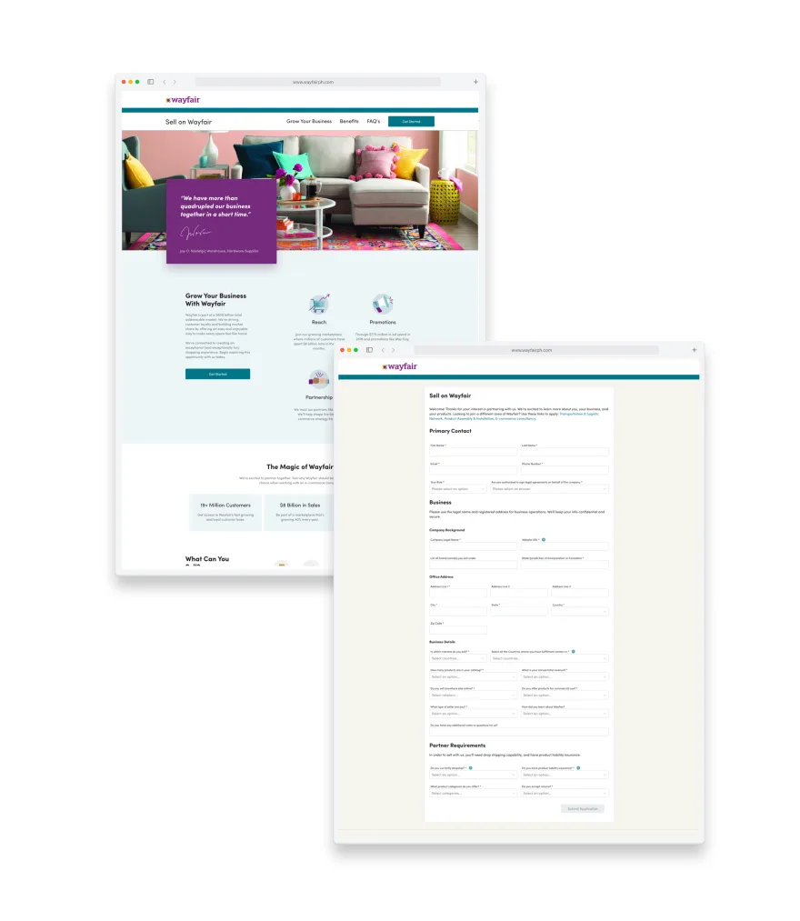 The previous supplier onboarding experience: a landing page followed by long forms