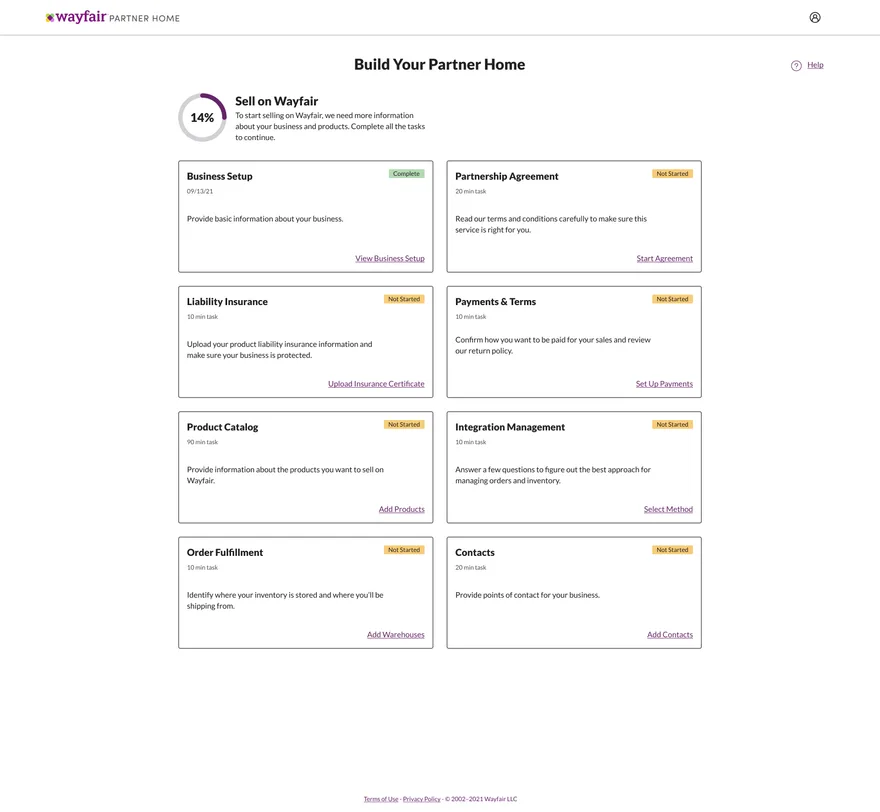Wayfair Partner Home service hub showing onboarding tasks with status labels and a 14% progress ring