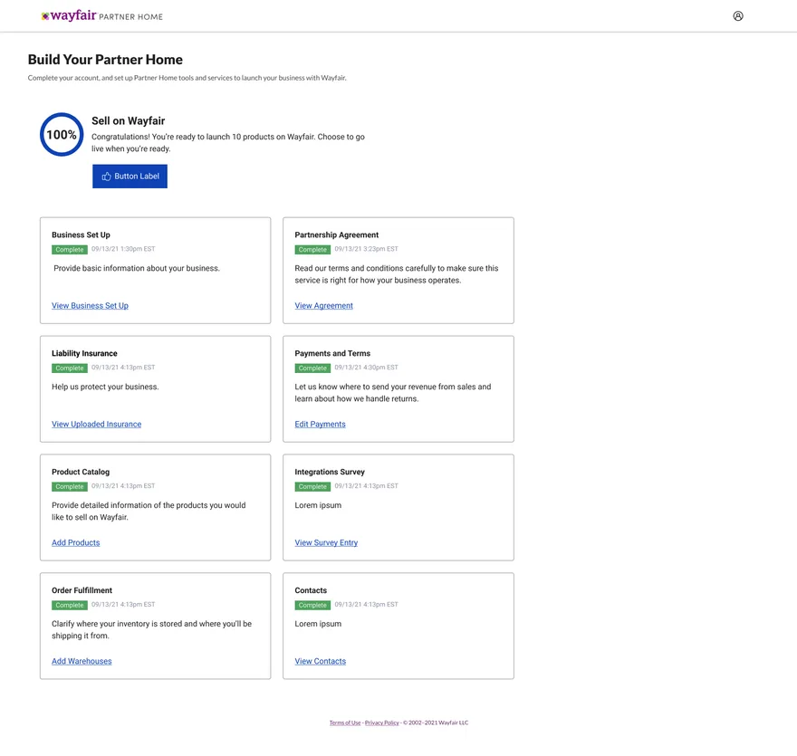 Partner Home at 100% with every onboarding task complete and a Ready to launch button
