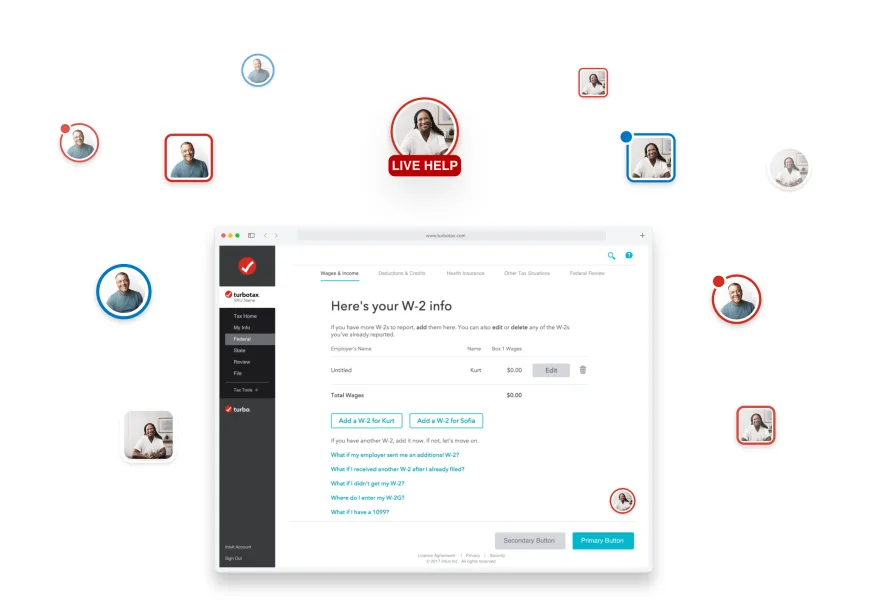 TurboTax W-2 screen surrounded by help button explorations, including the Live Help expert photo