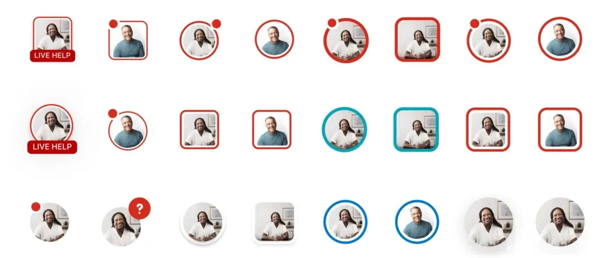 Rows of help button variations using expert photos, badges and Live Help labels
