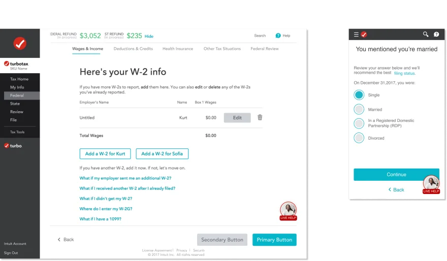 Final TurboTax W-2 screen on desktop and mobile with the floating help button anchored at the bottom